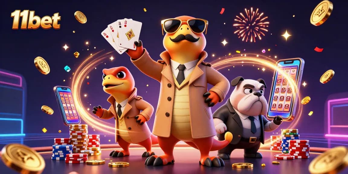 Experience thrilling betting at 11bet with cartoon raptors in a trench coat entering a casino.