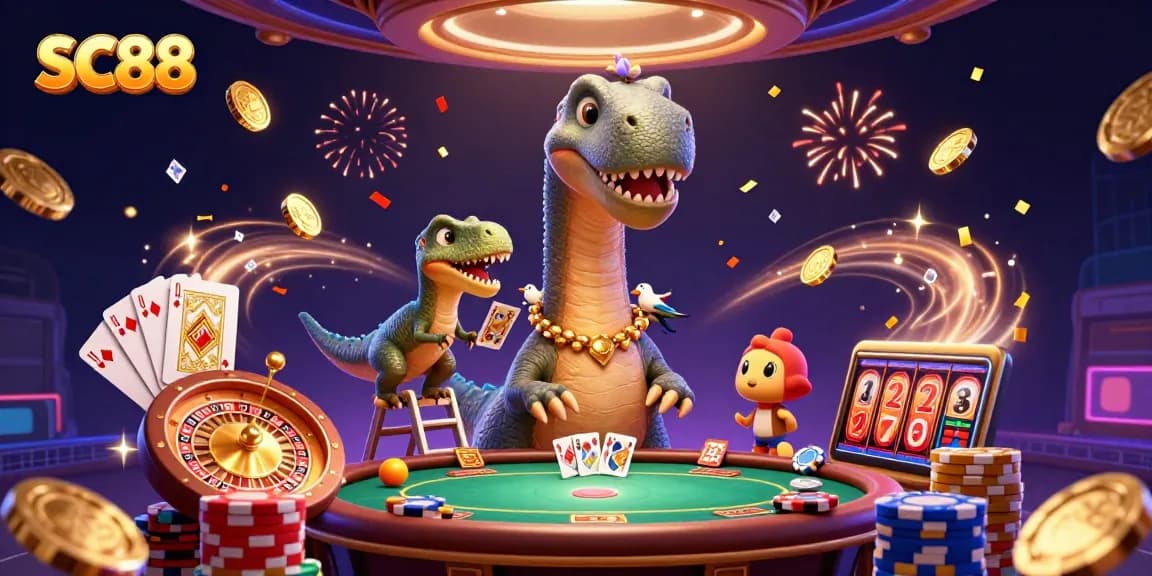 Experience SC88 with a thrilling scene of a giant brontosaurus in a colorful casino, dealing cards and surrounded by winnings
