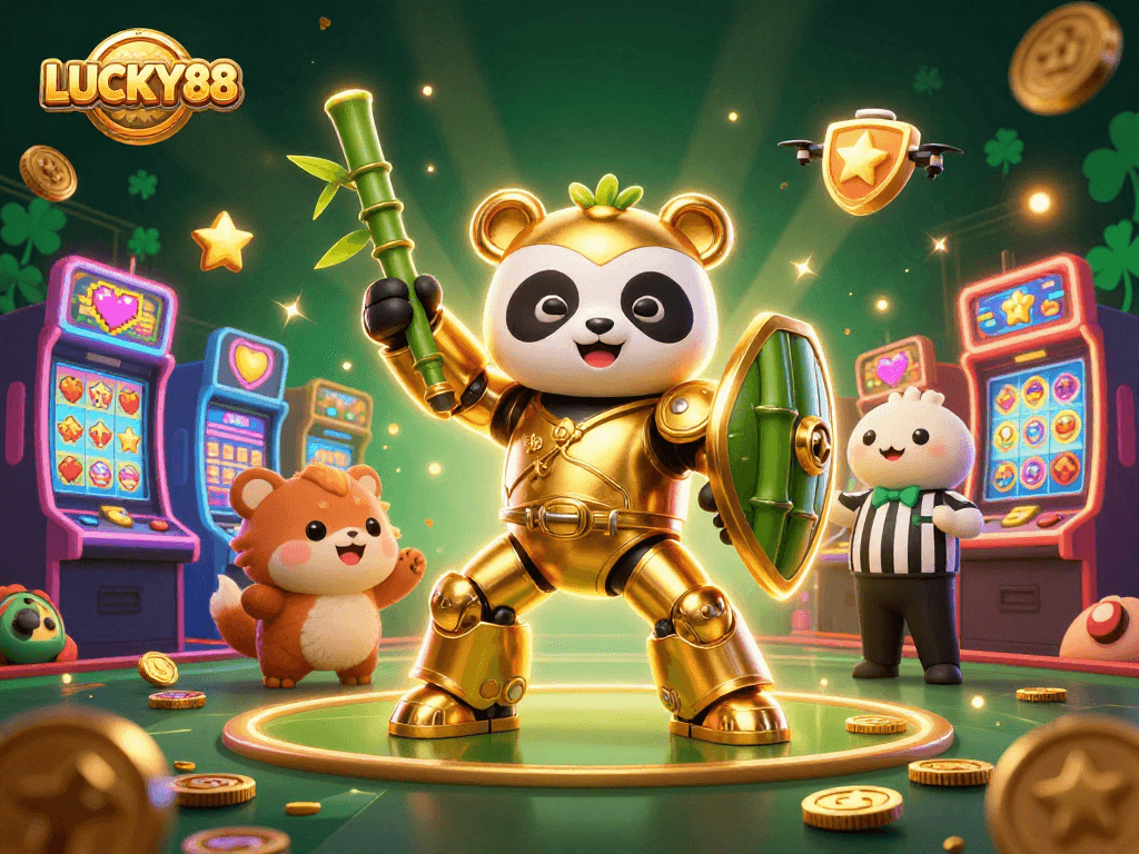 LUCKY88’s vibrant casino features a lively panda piloting a dazzling robot in an exciting gaming arena.