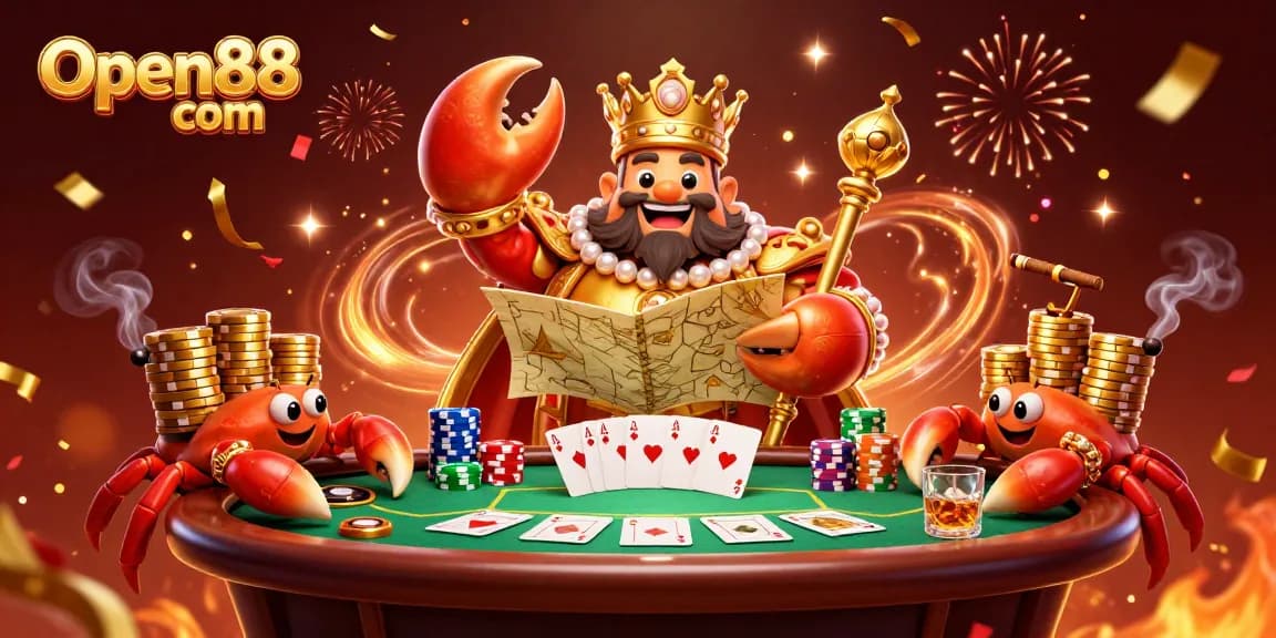 Experience the excitement at Open88 com with vibrant casino elements and a majestic golden crab emperor.