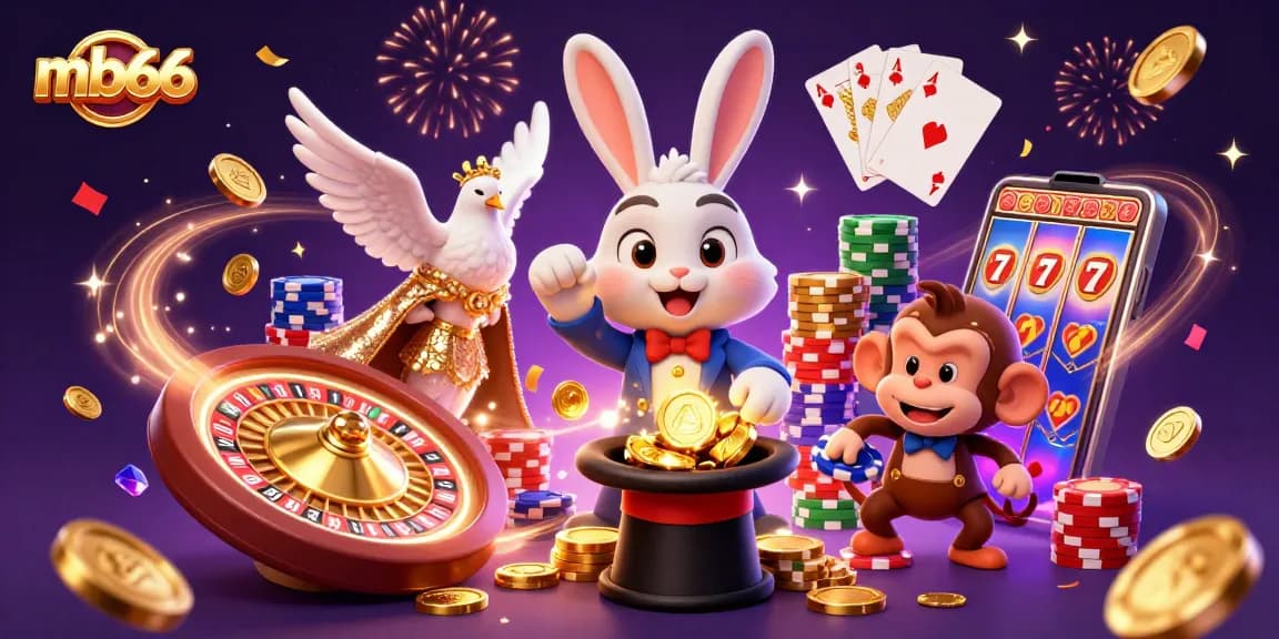 Join the excitement at mb66 with a magician rabbit pulling golden coins in a vibrant casino scene.