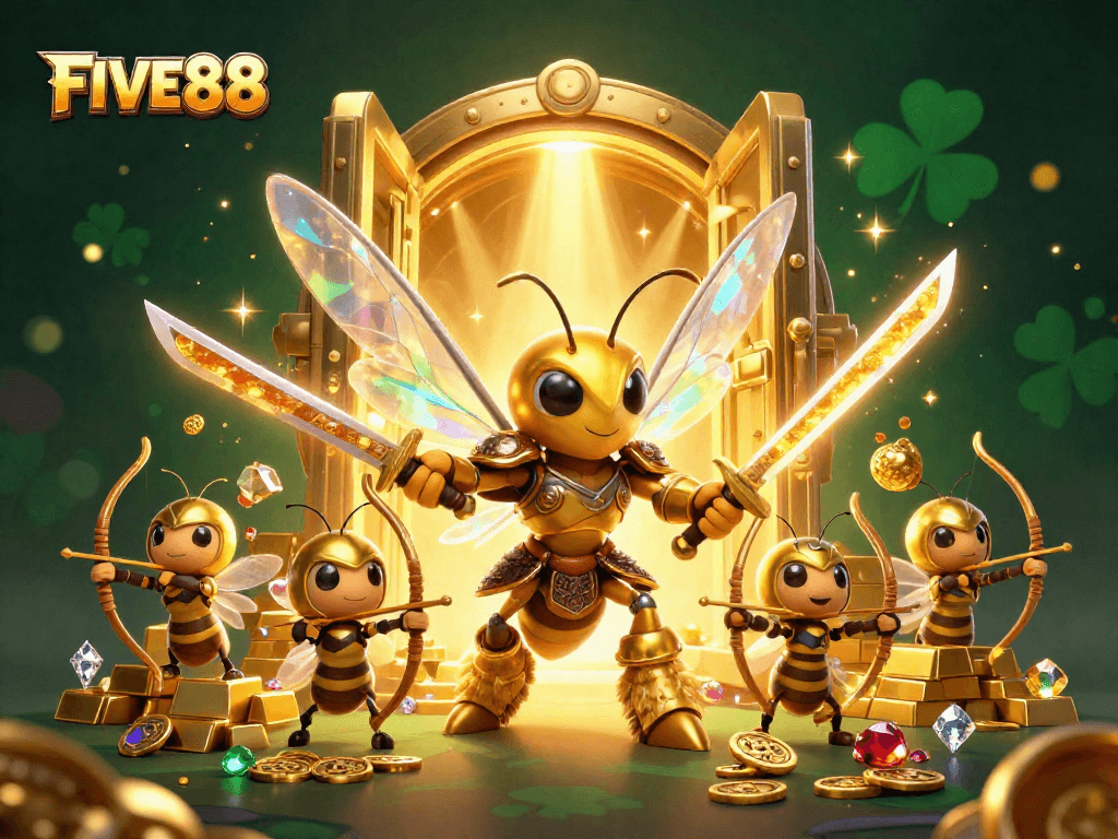 Experience the excitement of FIVE88 with a vibrant 3D casino scene bursting with treasures and dynamic characters.