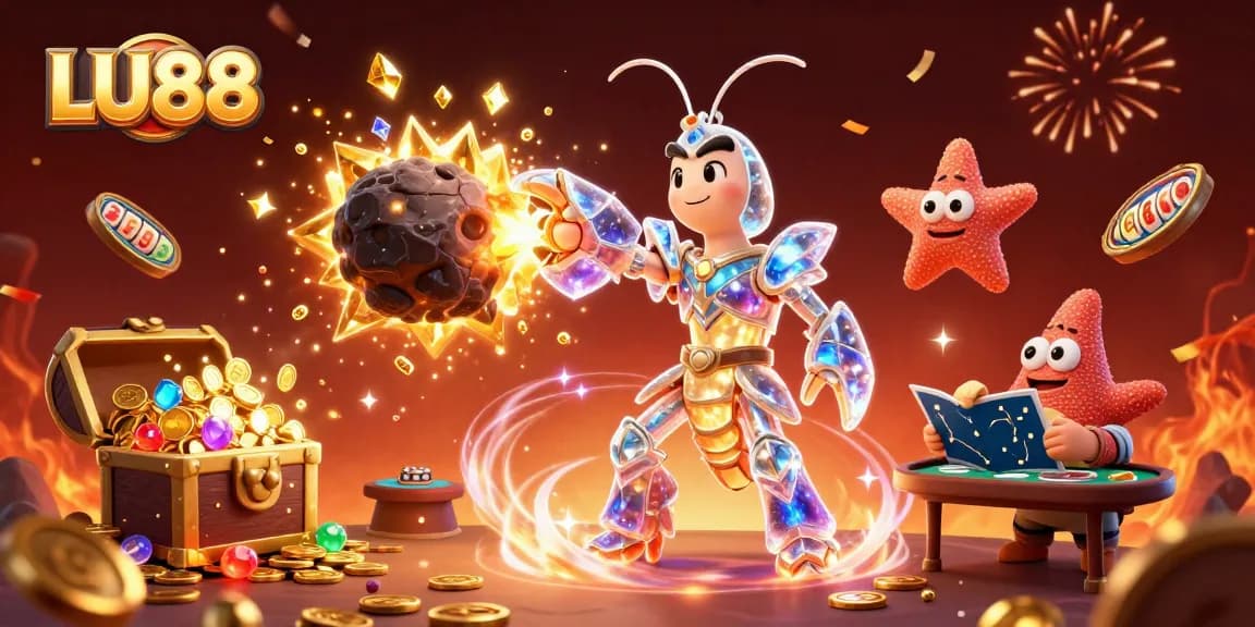 LU88 offers thrilling casino action with a vibrant 3D illustration of galactic samurai in a dynamic gaming environment.