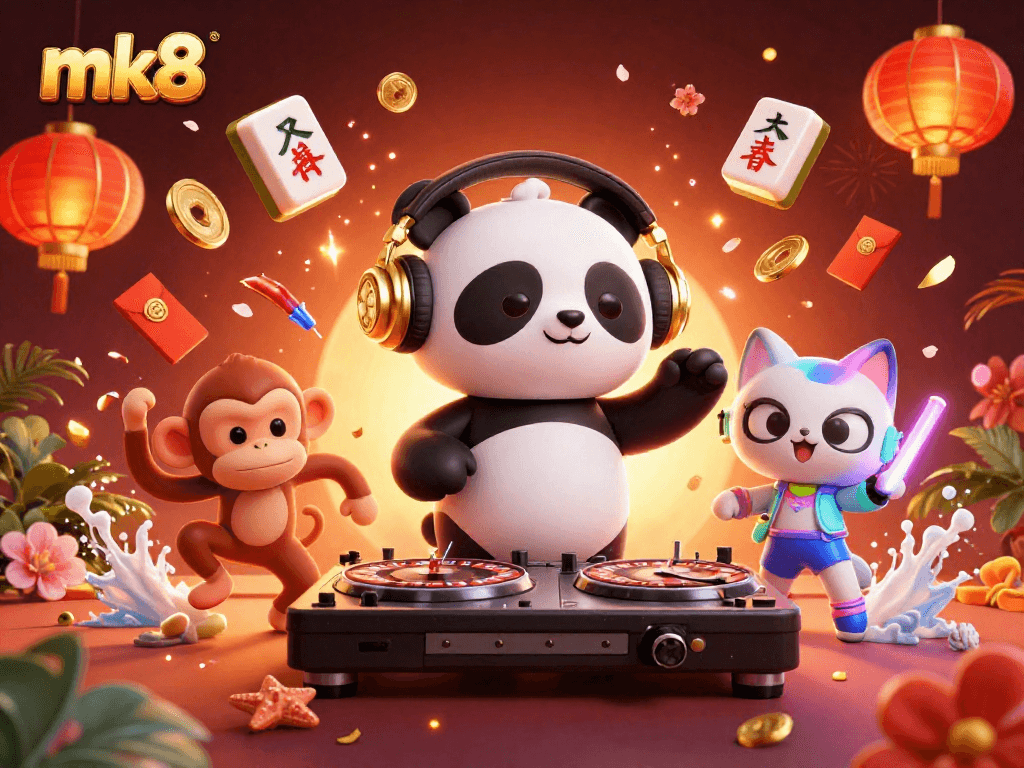 Engage with mk8's vibrant online casino through an exciting gaming illustration featuring unique characters.