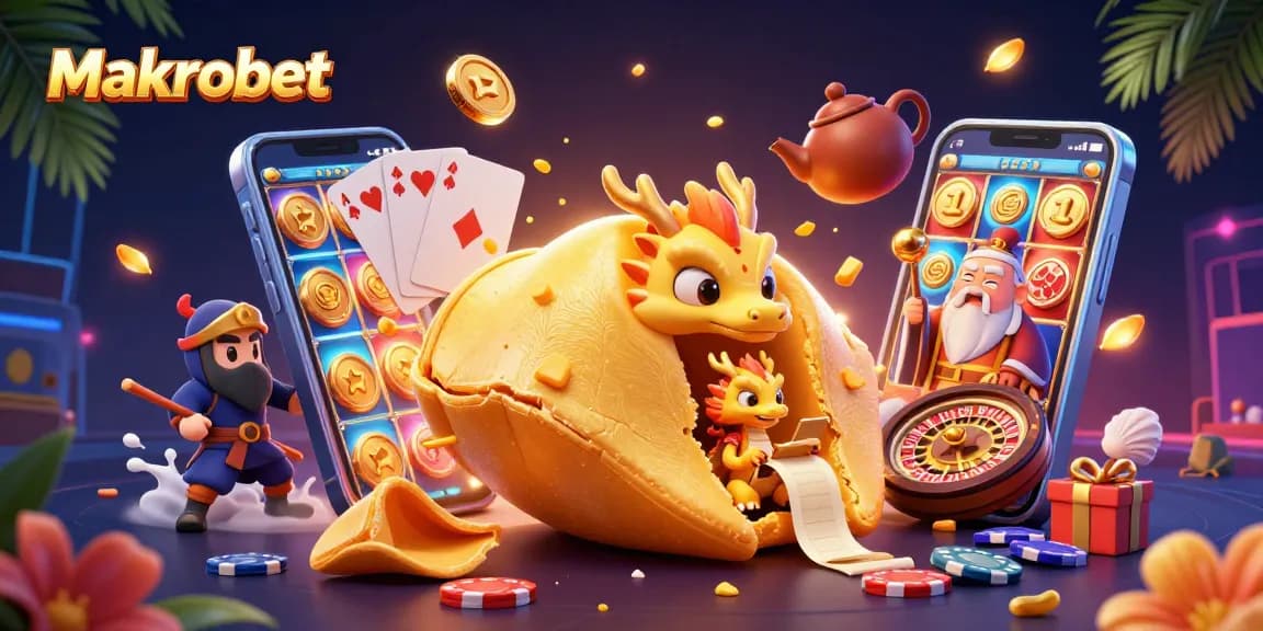 Experience thrilling wins at Makrobet with a magical casino-inspired scene featuring a golden fortune cookie and dynamic game elements.