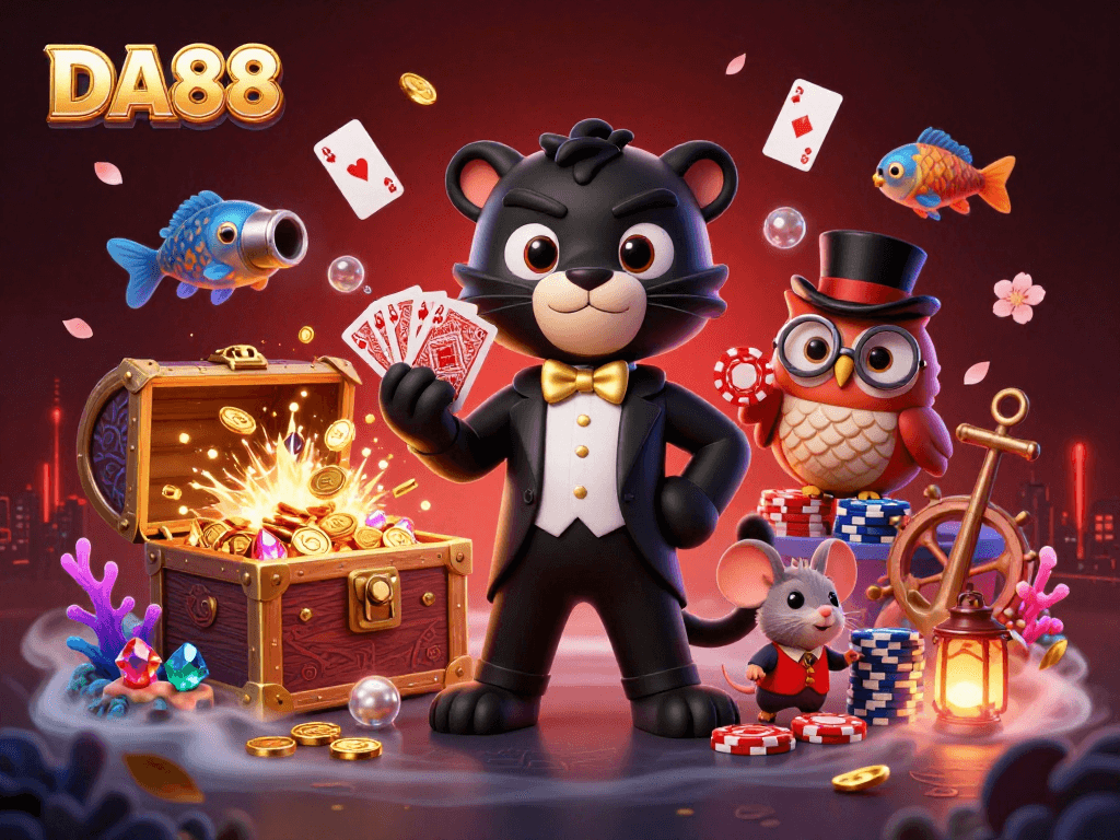 Experience the excitement of DA88 with a stylish cartoon casino scene featuring a panther dealer, owl, and lucky mouse.