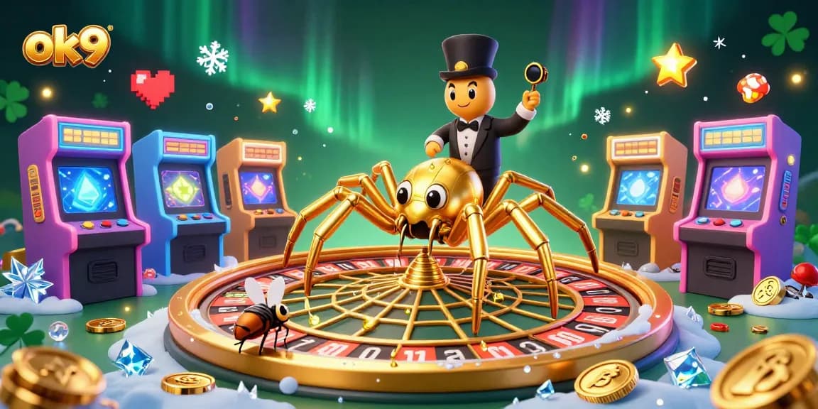 Bet on exciting games at OK9, showcasing a golden spider spinning a roulette wheel web.
