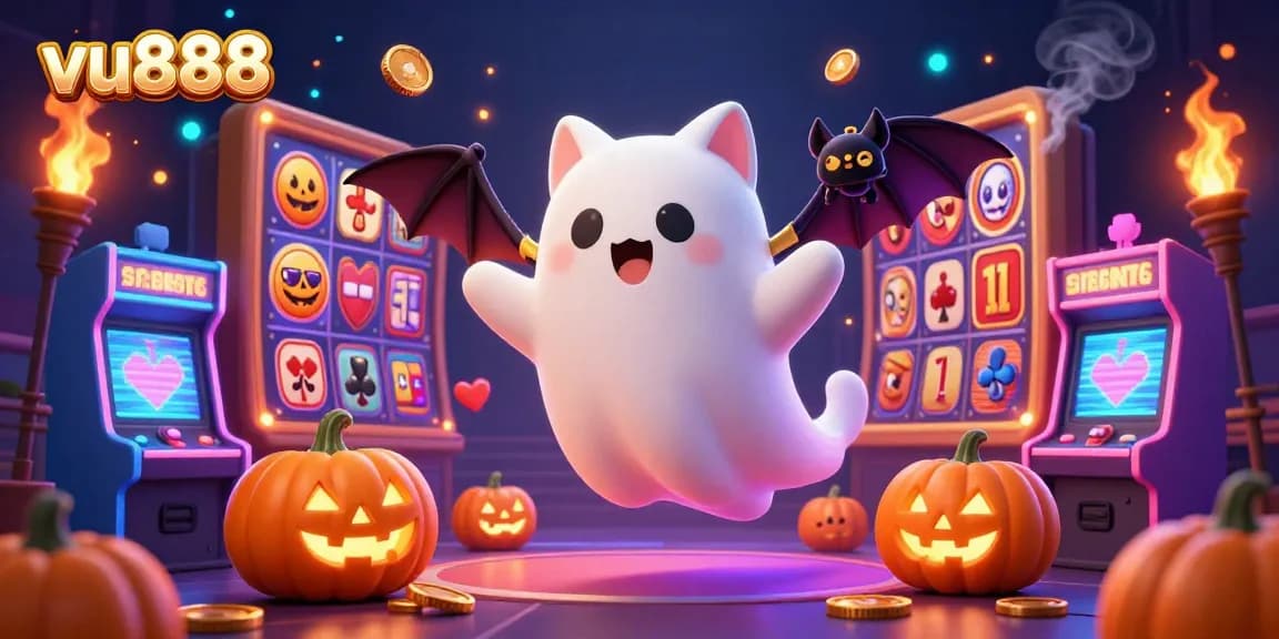 Spin to win at vu888 in this vibrant casino scene featuring a ghost cat and gaming elements.