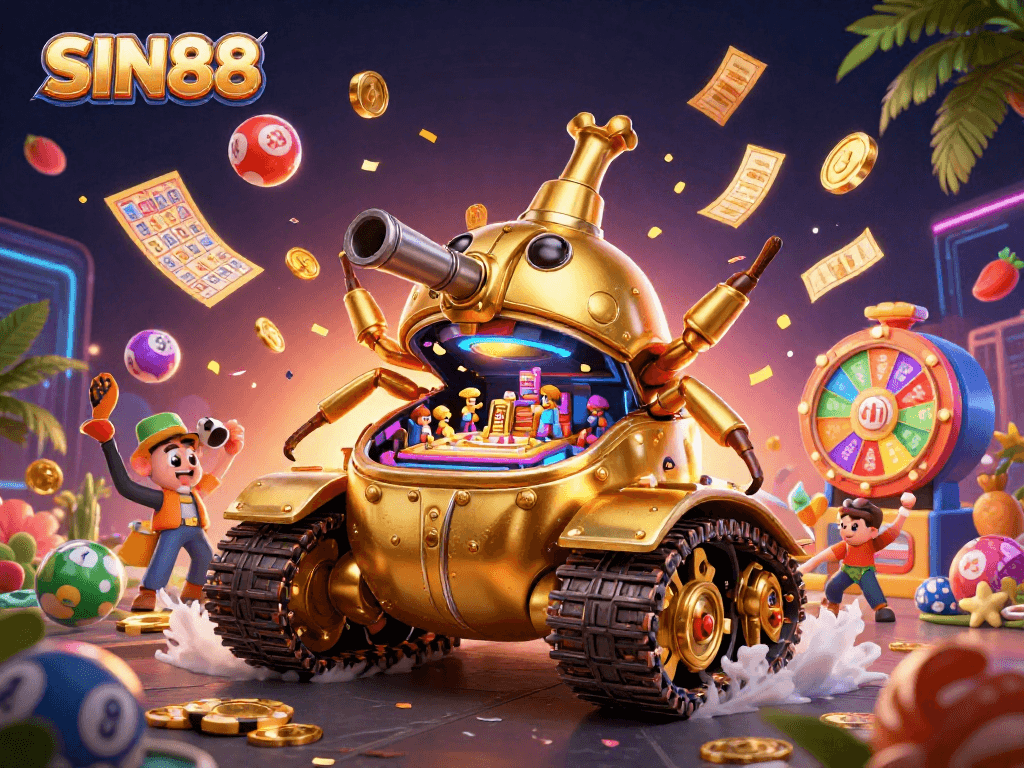 SIN88 showcases an engaging, dynamic casino scene with a golden beetle tank and colorful game elements.