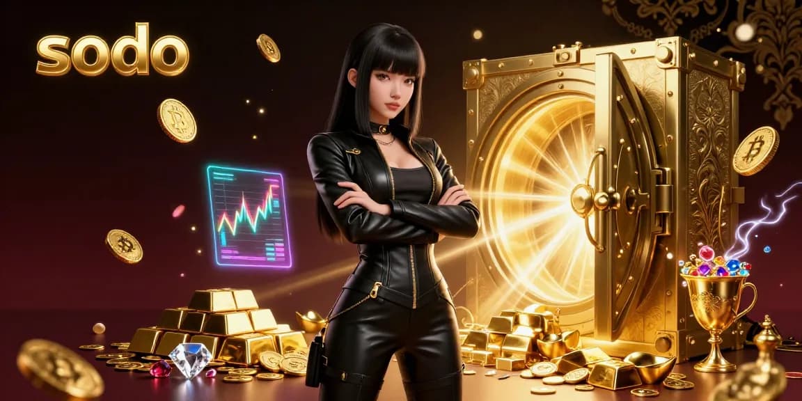 Sodo enriches the casino experience with a stunning Asian woman in a sleek leather outfit, surrounded by gold, Bitcoin coins, and vibrant game elements.