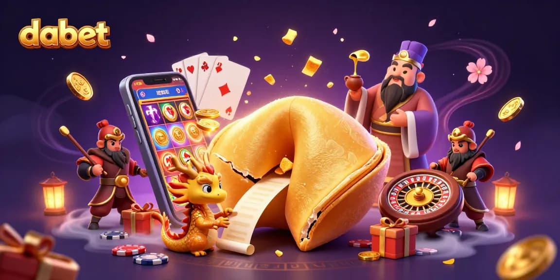 Dabet offers thrilling gaming experiences with a dynamic 3D scene featuring a fortune cookie dragon and colorful slot elements.