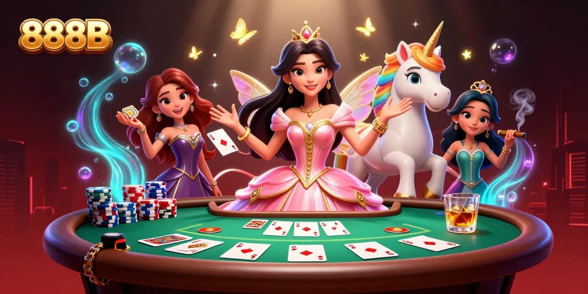Experience thrilling poker action with 888B in a captivating 3D casino illustration.