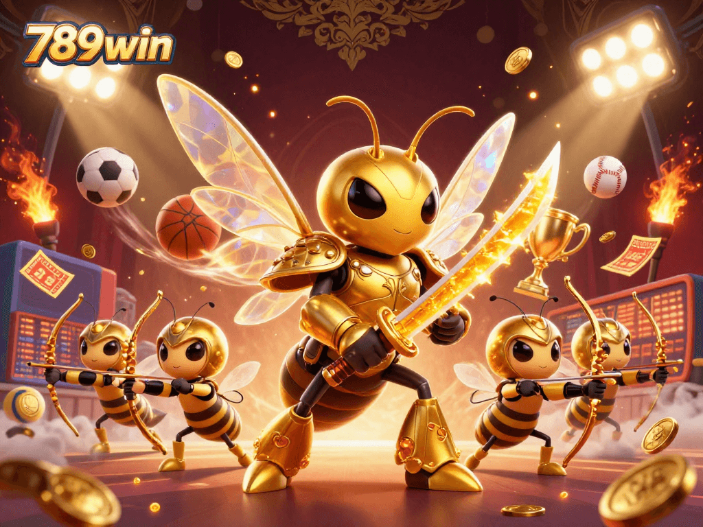 Experience thrilling sports action with 789win, featuring a golden hornet and sports elements in a dynamic gambling scene.