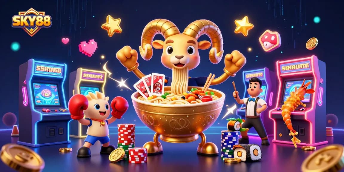 Experience thrilling games at SKY88 with a vibrant casino scene featuring a golden ramen bowl dealer.