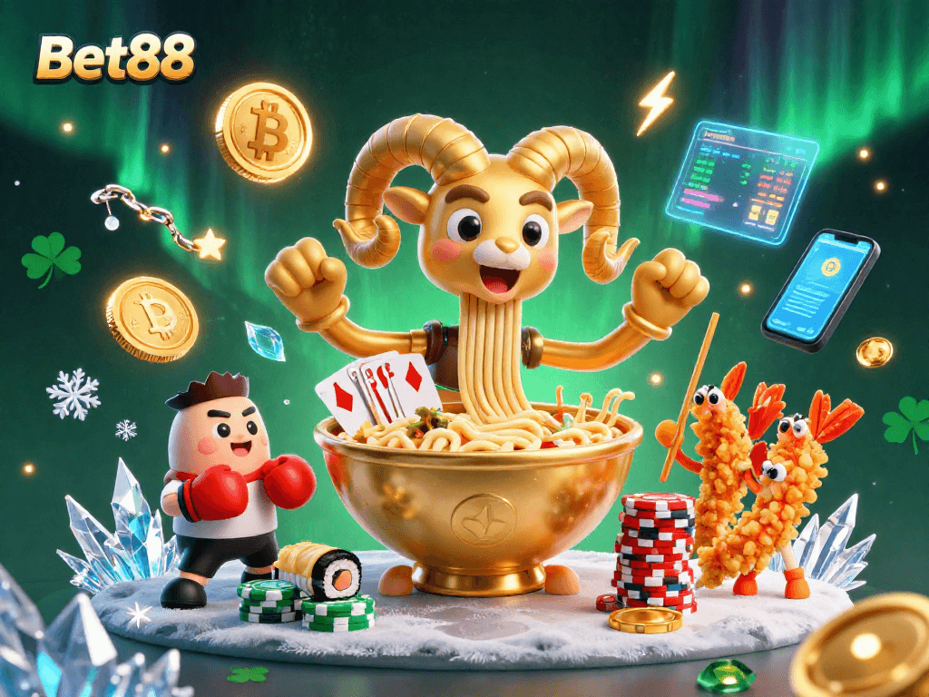 Bet88 casino illustration with cartoon characters engaging in betting action, featuring vibrant casino elements.