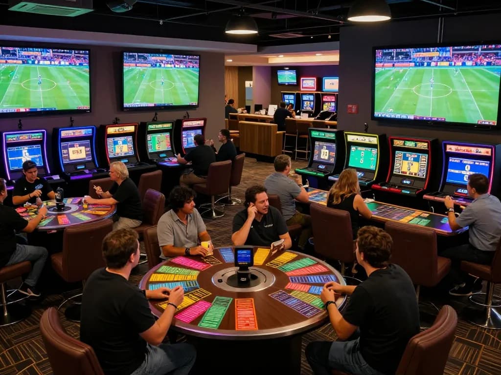 Betting excitement at Nhà cái Jun88's vibrant sports lounge with patrons placing bets on live events.