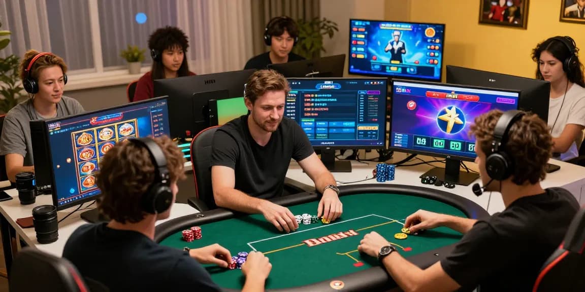 Engaged players on the HAYWIN gaming platform enjoying poker and other games in a tech-savvy home office.
