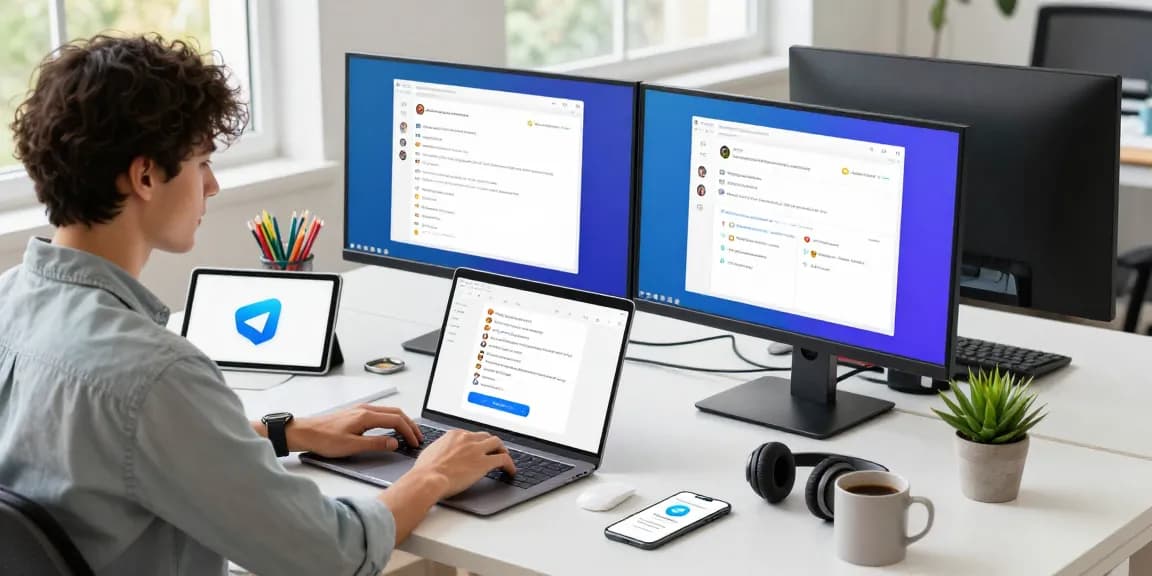 Download Telegram from a modern workspace with professional using laptop, focused on chat apps and digital collaboration