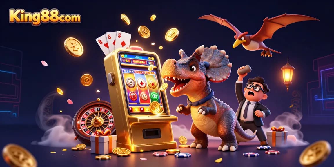 Witness King88com's epic jackpot celebration as a pachycephalosaurus and friends create a dynamic casino scene.