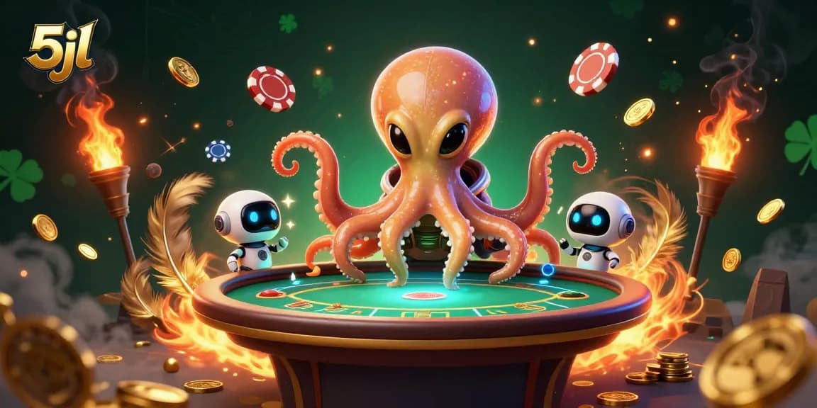 Engage with exciting 5jl poker action featuring an alien octopus and colorful chips.