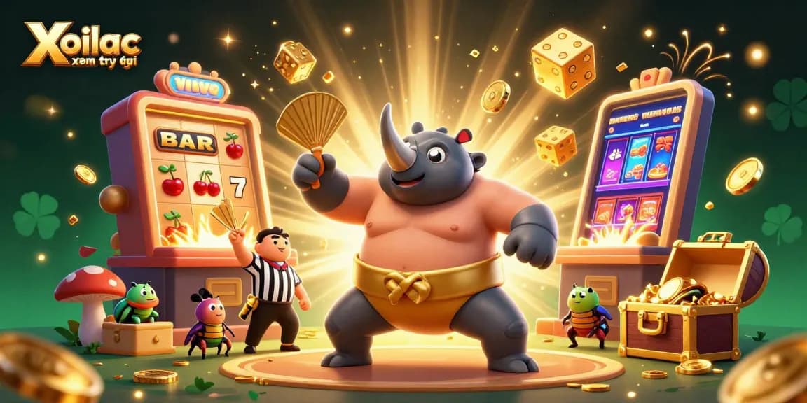 Xoilac xem trực tiếp showcases a vibrant casino scene with a beetle champion and flying riches.