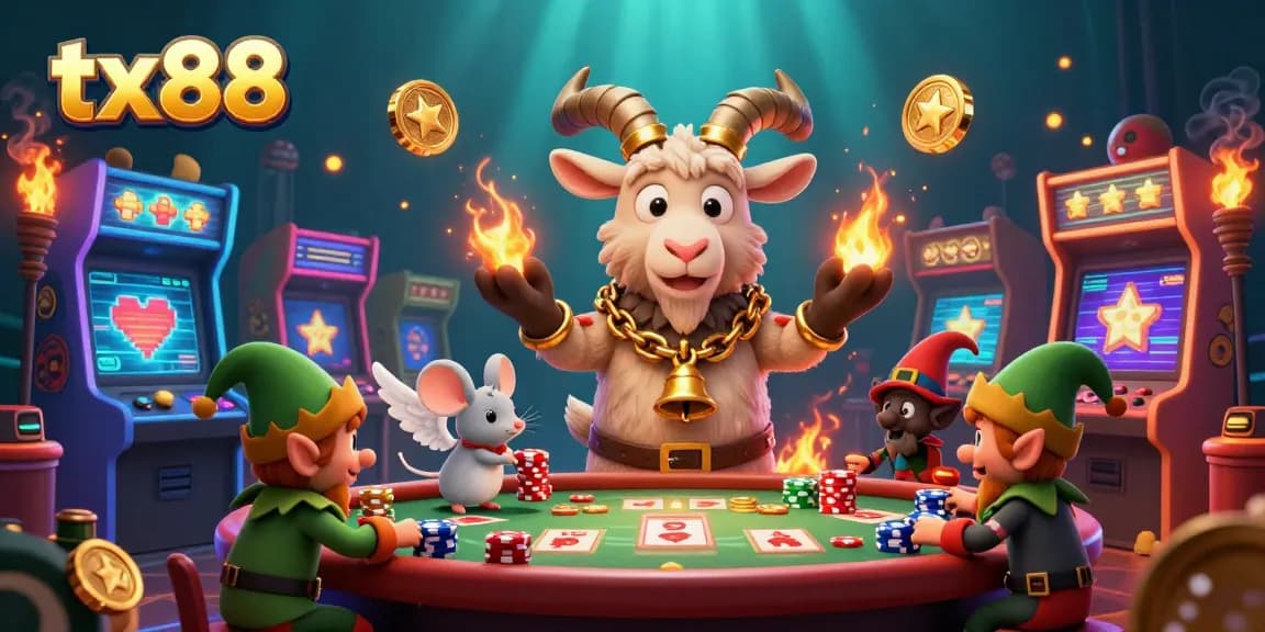 Engage with the tx88 holiday-horror casino scene featuring a Krampus goat, angel mouse, and elf gremlins in an exciting gaming atmosphere.