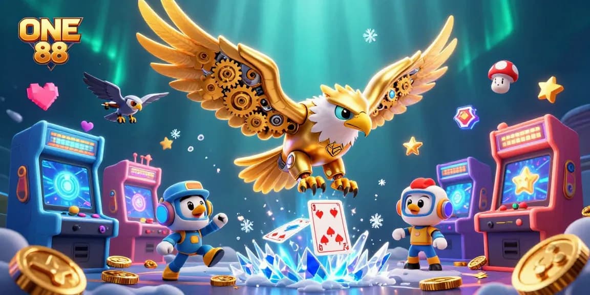 Engage in exciting gaming action at ONE 88 with a vibrant 3D scene filled with casino elements and dynamic characters.