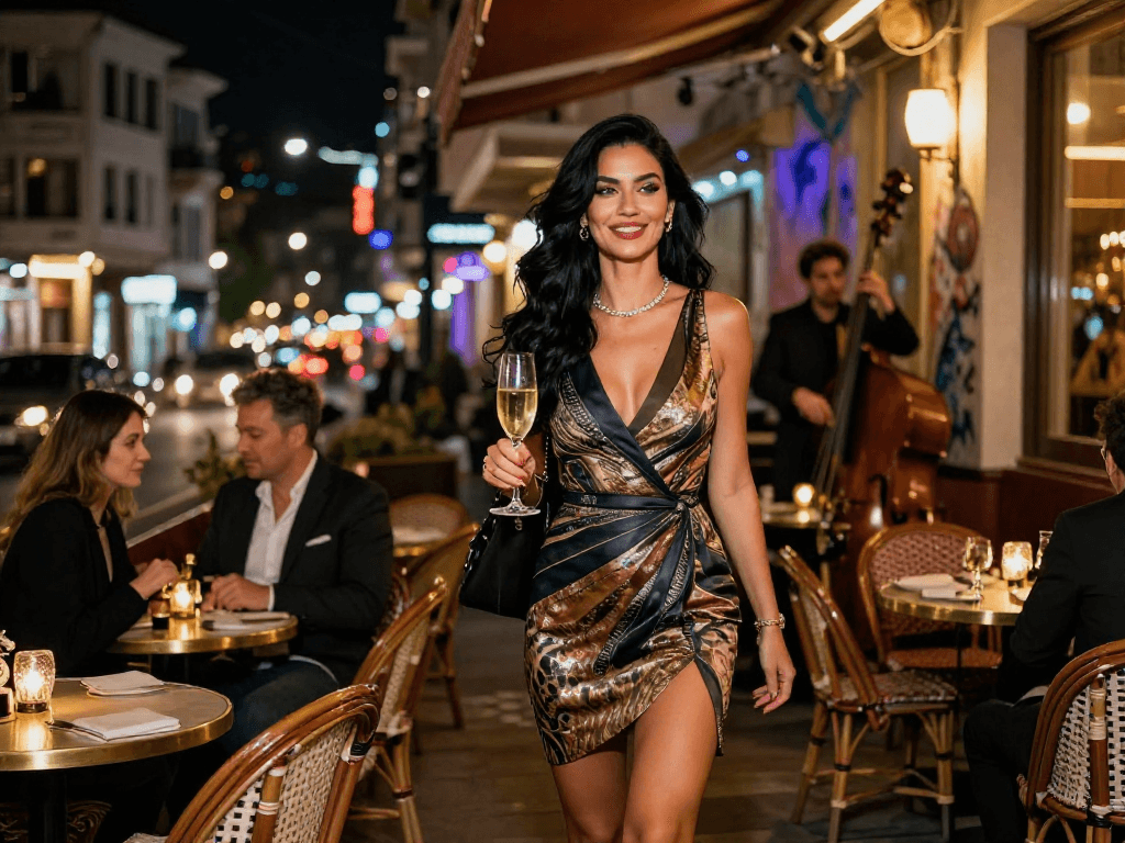 Escort Beylikdüzü ile lüks bir akşam yemeği sonrası, şık bir elbise giymiş kadın, şehir ışıkları arka planda.
