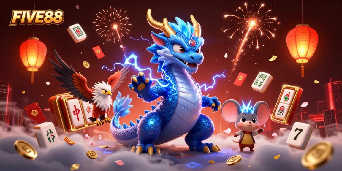 Experience the excitement of FIVE88 with dynamic slot reels and vibrant casino elements.