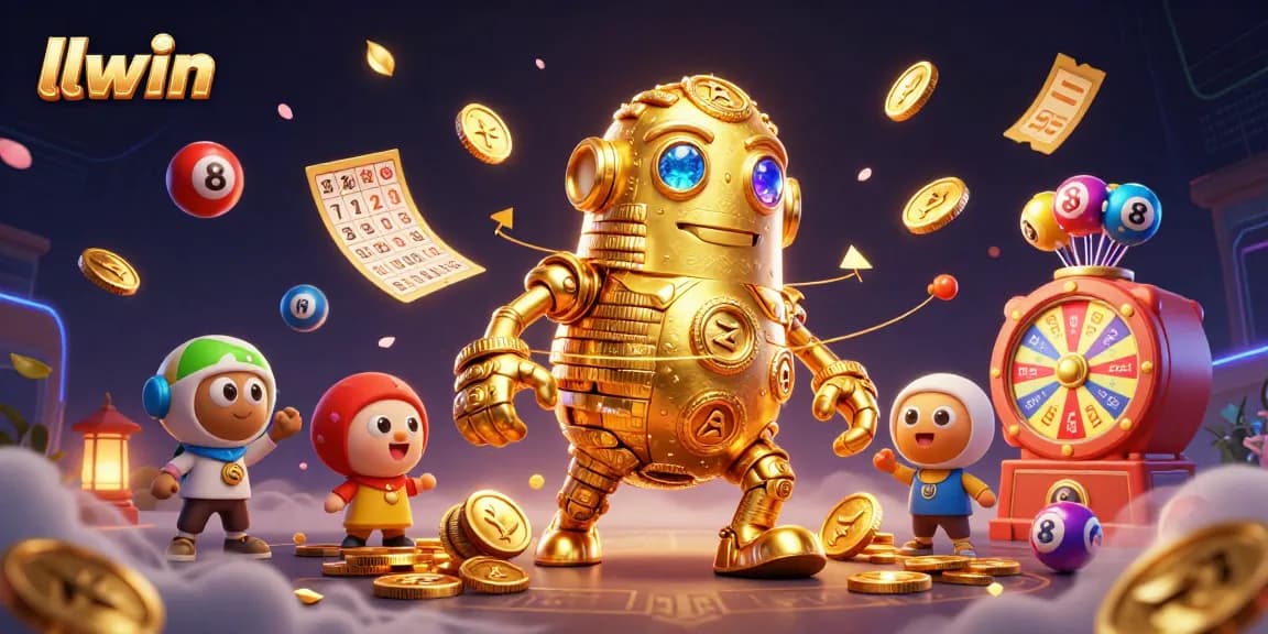Experience thrilling gaming at llwin with a dynamic scene of a golden golem and casino elements.