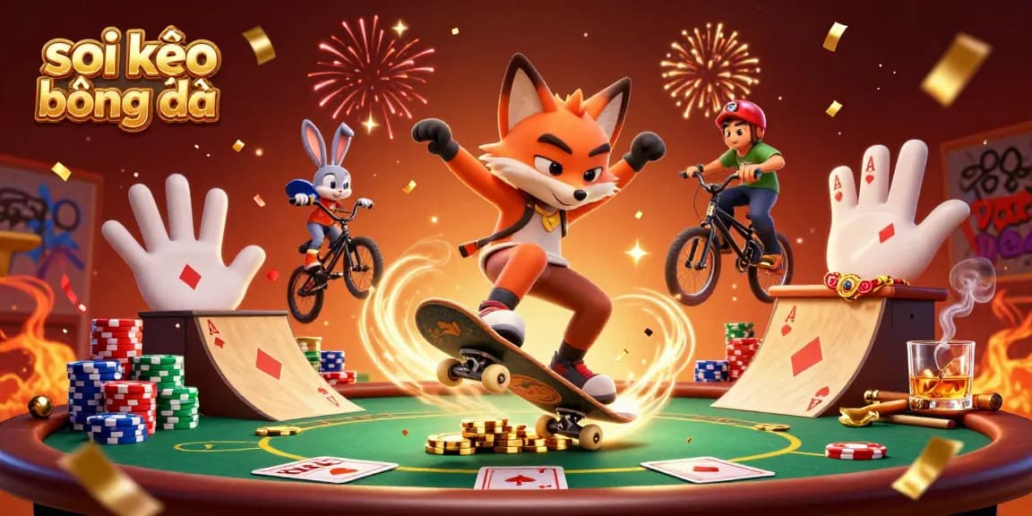 Soi kèo bóng đá illustration with a skateboarder fox and BMX rabbit amidst poker chips and casino décor.