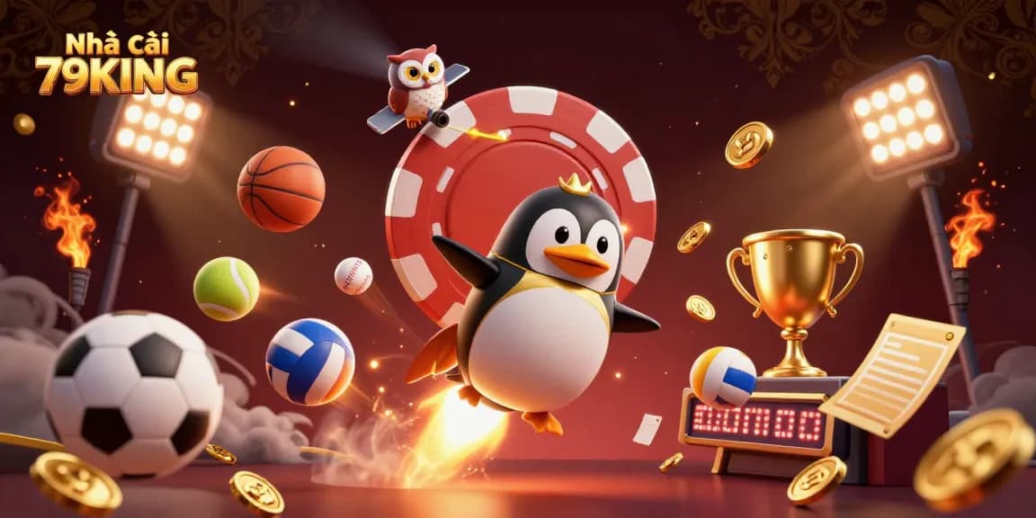 Join the thrilling adventure with Nhà cái 79KING and a rocket-powered penguin amid vibrant casino stars.