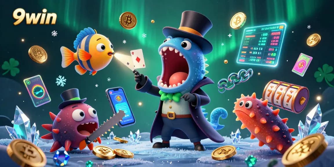 Experience thrilling magic at 9win with a captivating sea-themed casino illustration showcasing vibrant crypto elements.