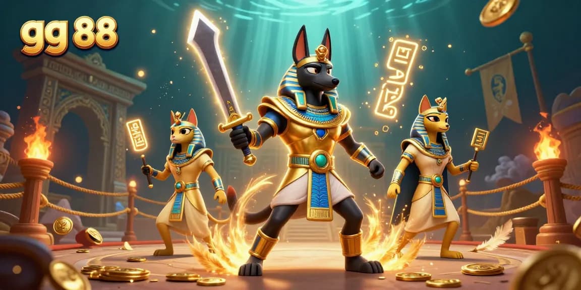 Engage in thrilling gameplay with gg 88 at an ancient casino, featuring Anubis and Bastet.