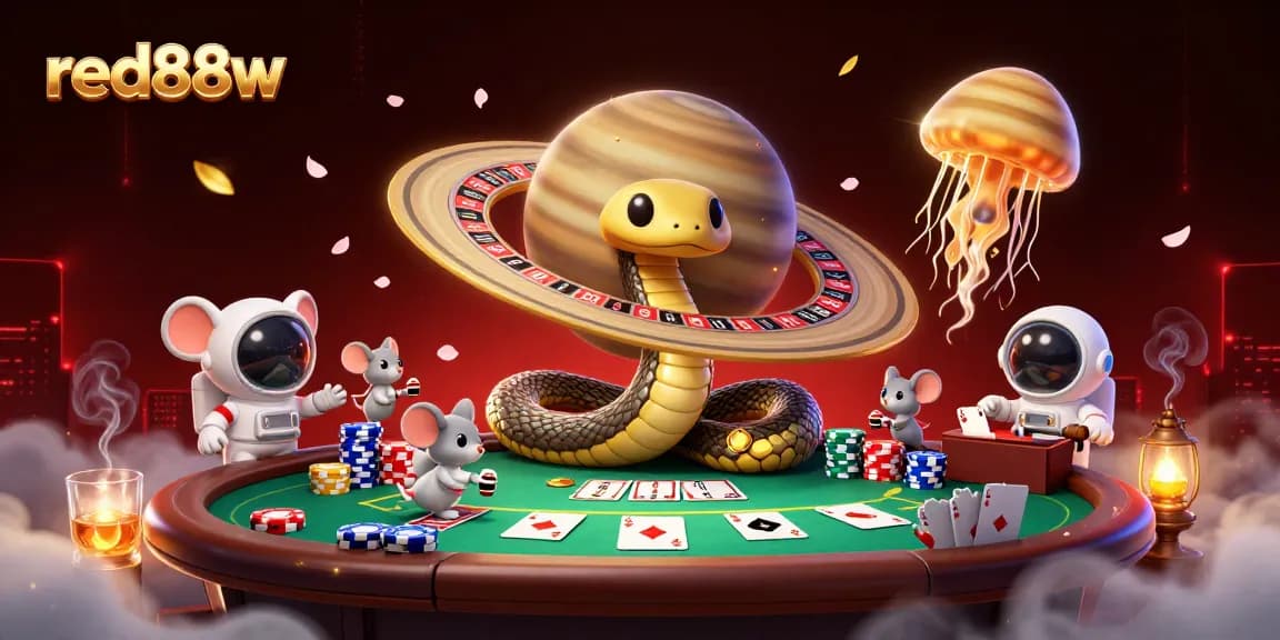 Engage in thrilling betting with red88w at a cosmic casino scene featuring vibrant characters and rich gaming elements.