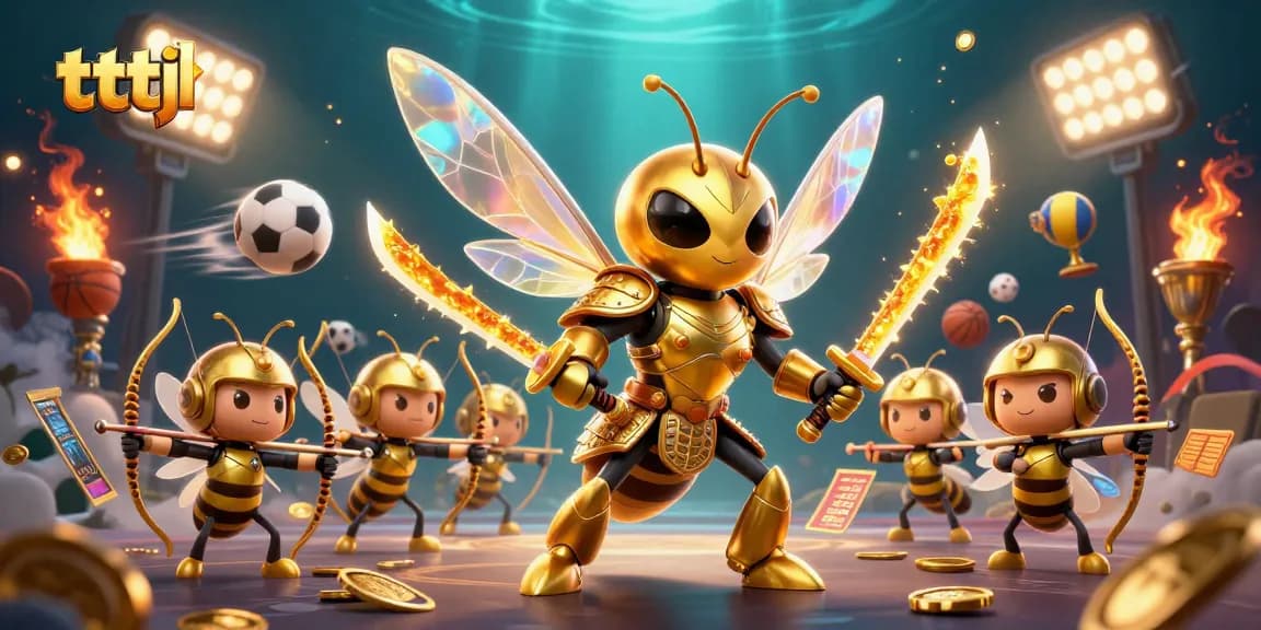 Engage in thrilling tttjl action with a golden hornet warrior surrounded by sports elements and dynamic visuals.