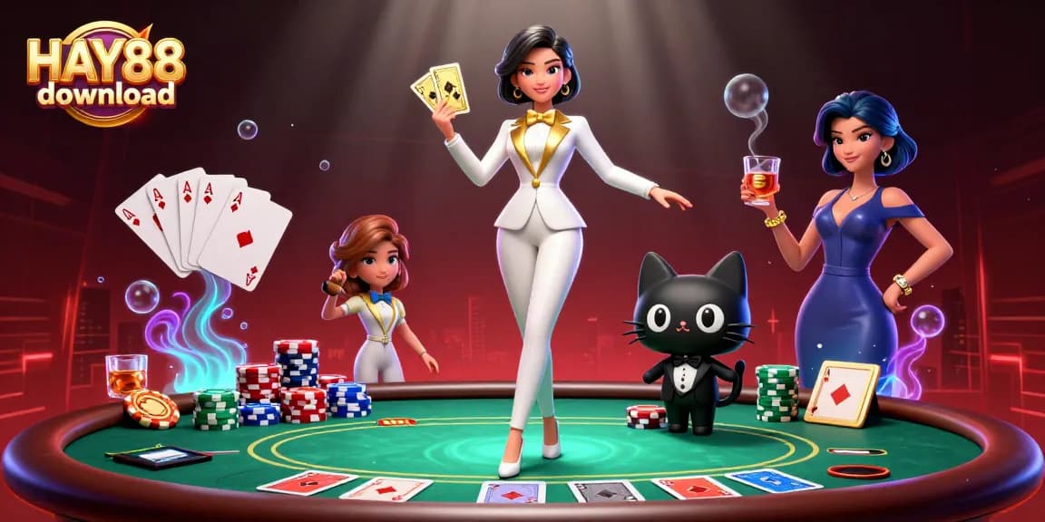 Experience HAY88 download with vibrant playing cards and dynamic gambling elements in this captivating 3D scene.