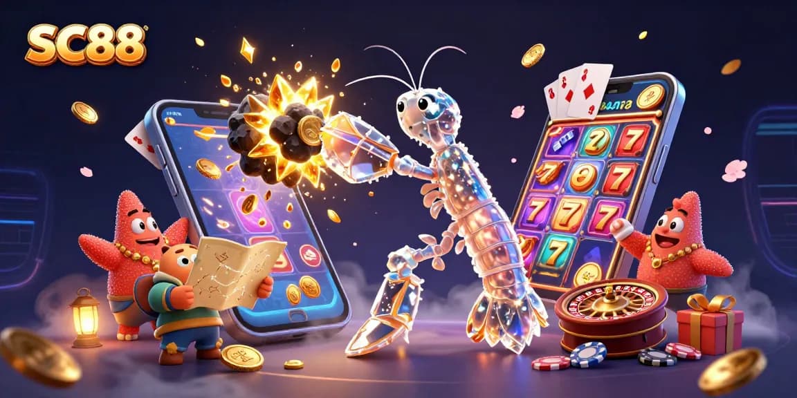 SC88 unleashes excitement with a galactic samurai mantis shrimp amidst vibrant casino elements.