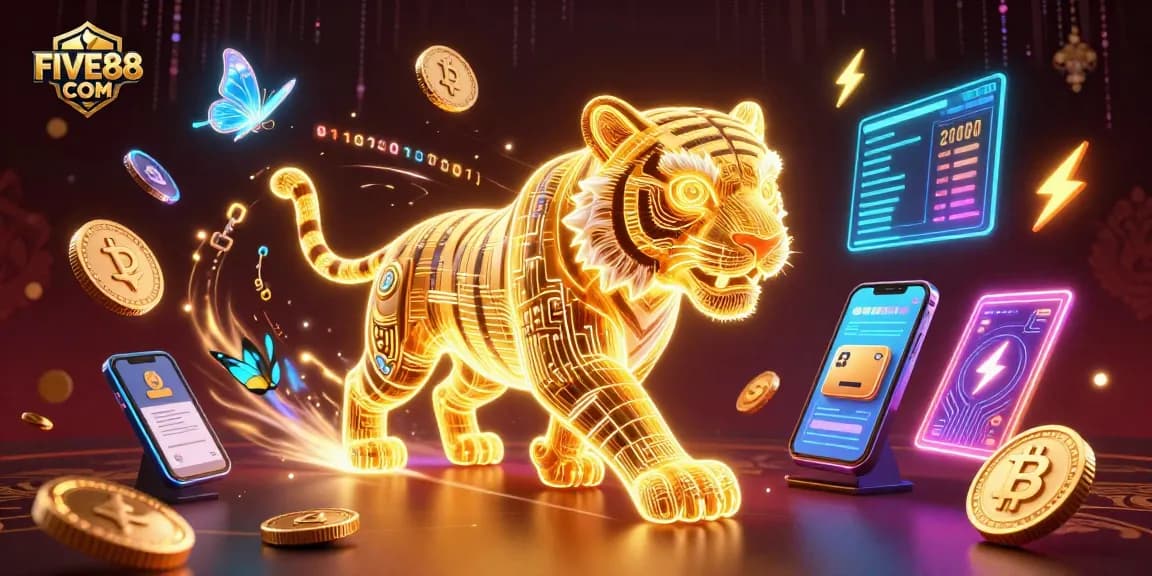 Experience FIVE88 COM with a dynamic digital casino featuring a neon tiger amidst glowing crypto elements.