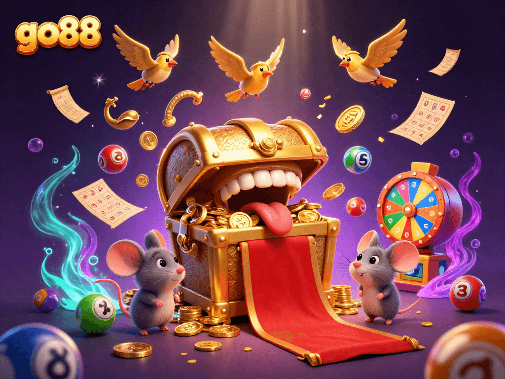 Experience the thrill of go88 with vibrant lottery elements and treasure in this 3D illustration.