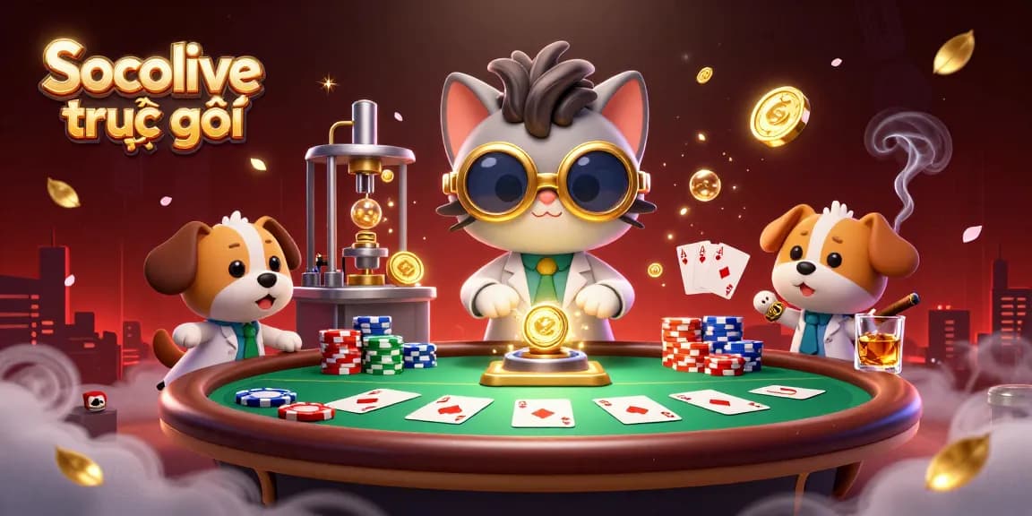 Socolive trực tiếp showcases a cartoon scientist cat and dog in a vibrant casino scene, featuring poker tables and chips.