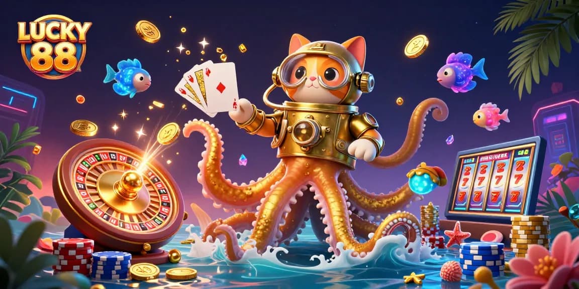 Experience festive casino fun with LUCKY 88 in this vibrant illustration featuring magical treasures.