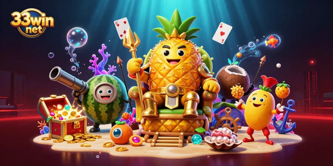 Engage with vibrant games at 33win net, a lively casino scene with characters and treasures.