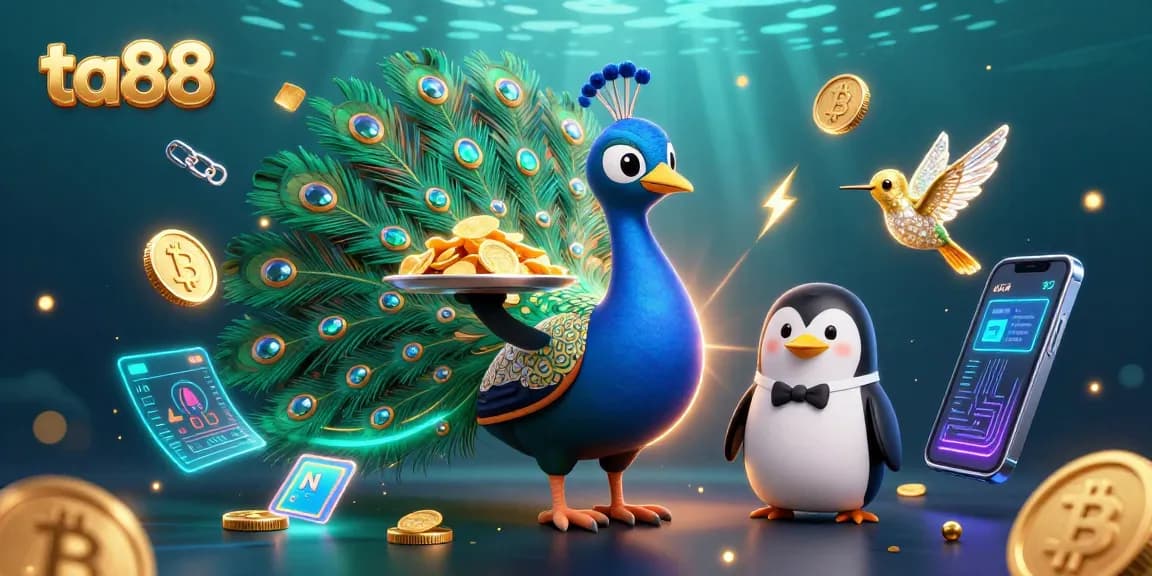 Experience the excitement of ta88 with vibrant casino characters and crypto symbols in a dazzling 3D scene.