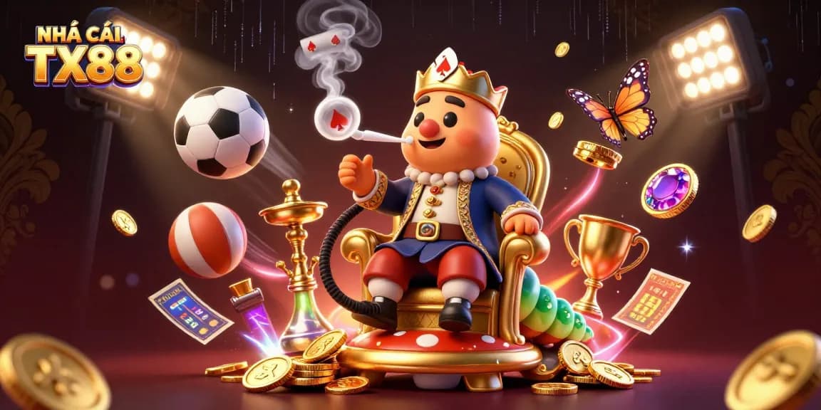 Experience the thrill of NHÀ CÁI TX88 with a vibrant illustration of a whimsical caterpillar hookah-master surrounded by dynamic sports elements.