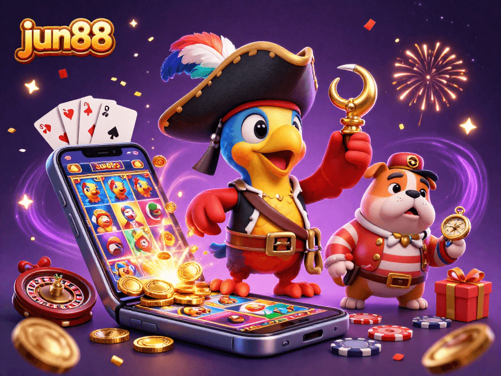 Experience the excitement of jun88 with a colorful 3D casino scene featuring playful characters and vibrant slot games.