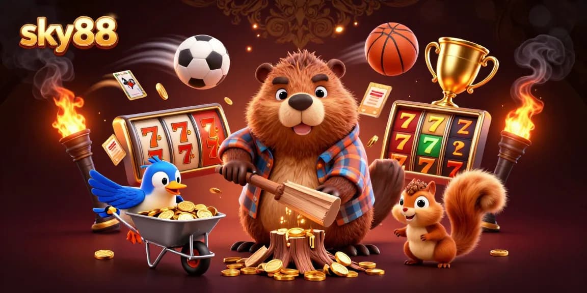 Join the excitement at sky88 with a festive scene of animated characters celebrating wins.