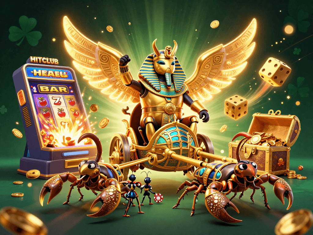 Engage in thrilling gameplay at HITCLUB with our captivating 3D casino illustration showing jackpots and poker