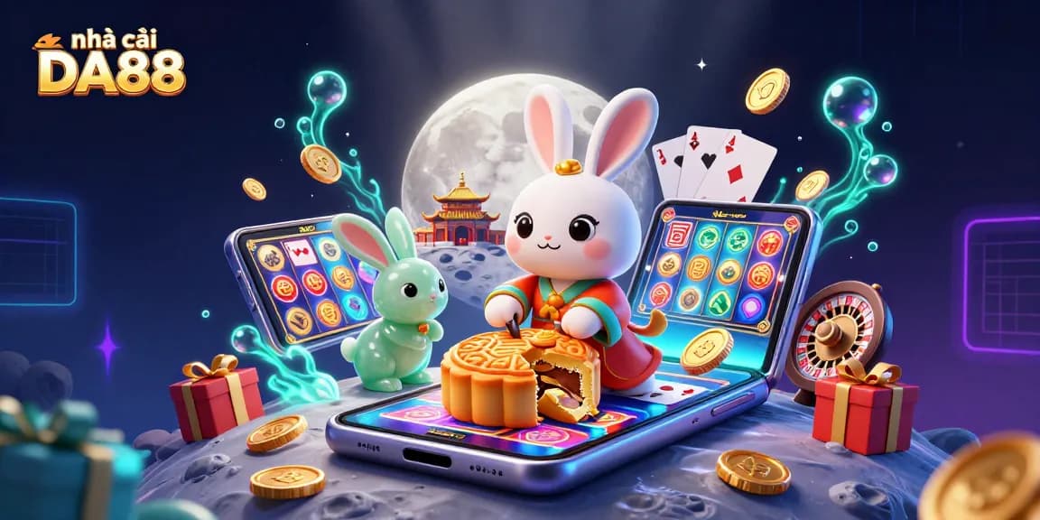 Engage with nhà cái DA88 in this vibrant 3D casino scene featuring a moon rabbit and dynamic gaming elements.