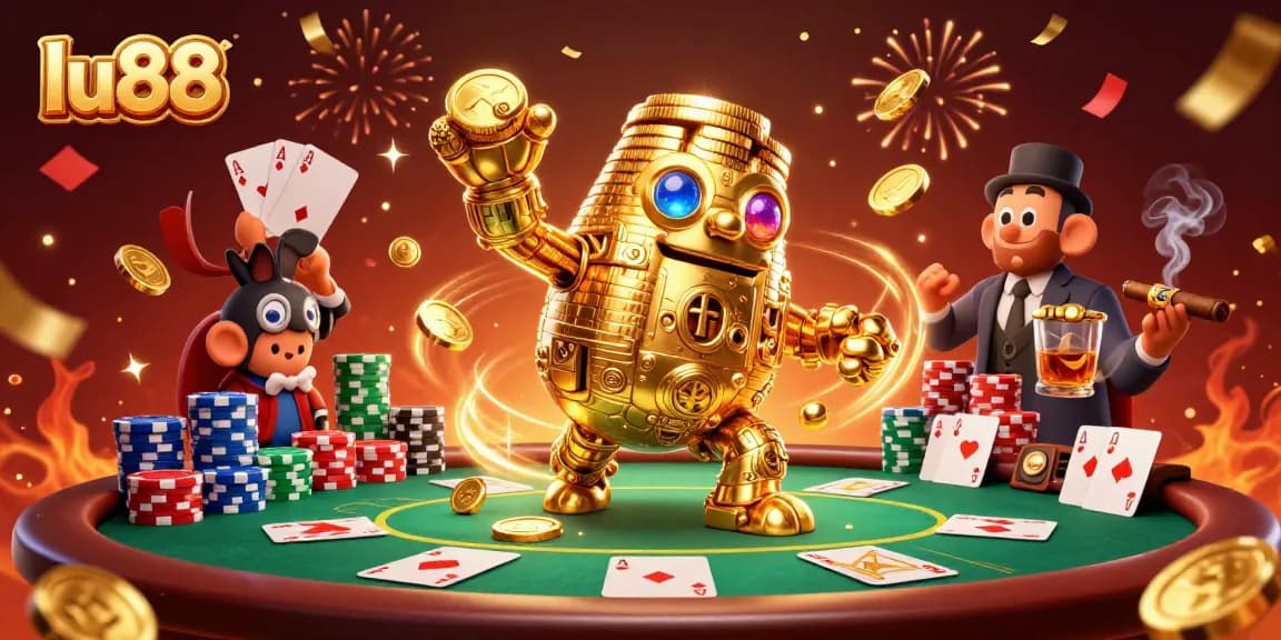 Experience the magic of lu88 with a dynamic poker scene featuring a golden golem and vibrant casino elements.